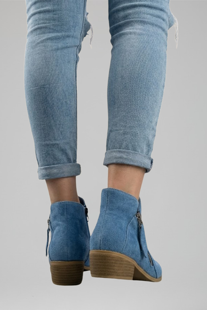 Astrid | Blue Suede Zip Ankle Boots with Block Heel