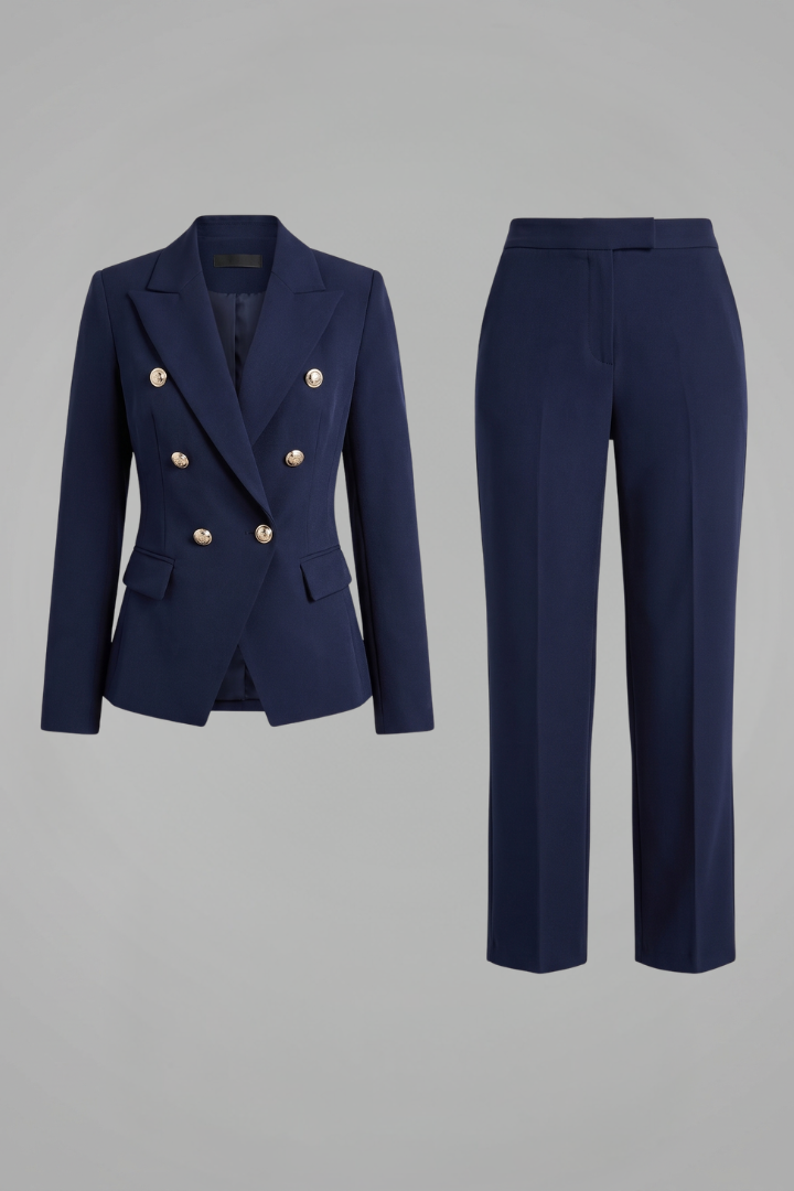 Women's Double-Breasted Blazer and Wide-Leg Pants Suit Set