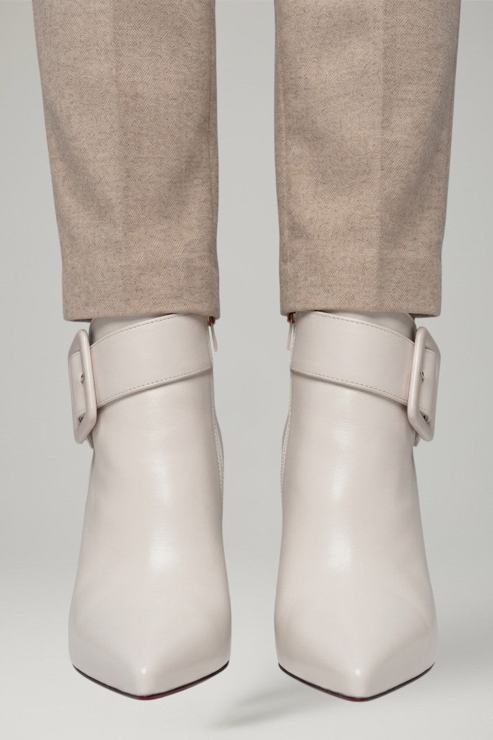 Maelys | Cream Leather Buckle Ankle Boots with Pointed Toe