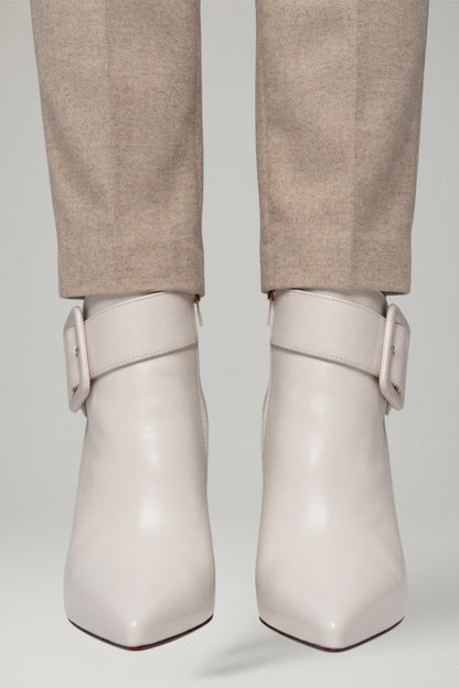 Maelys | Cream Leather Buckle Ankle Boots with Pointed Toe
