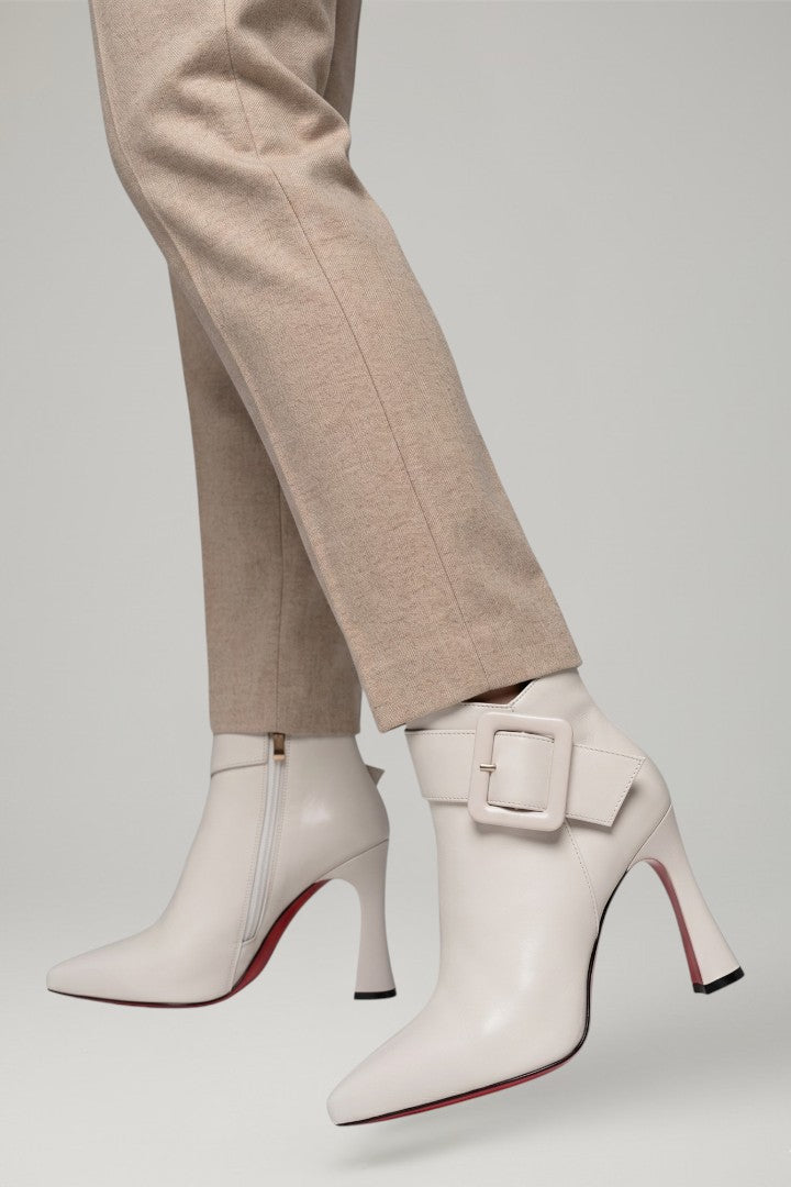 Maelys | Cream Leather Buckle Ankle Boots with Pointed Toe