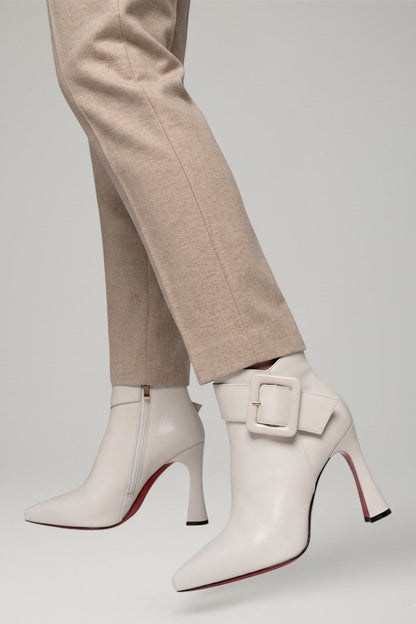 Maelys | Cream Leather Buckle Ankle Boots with Pointed Toe