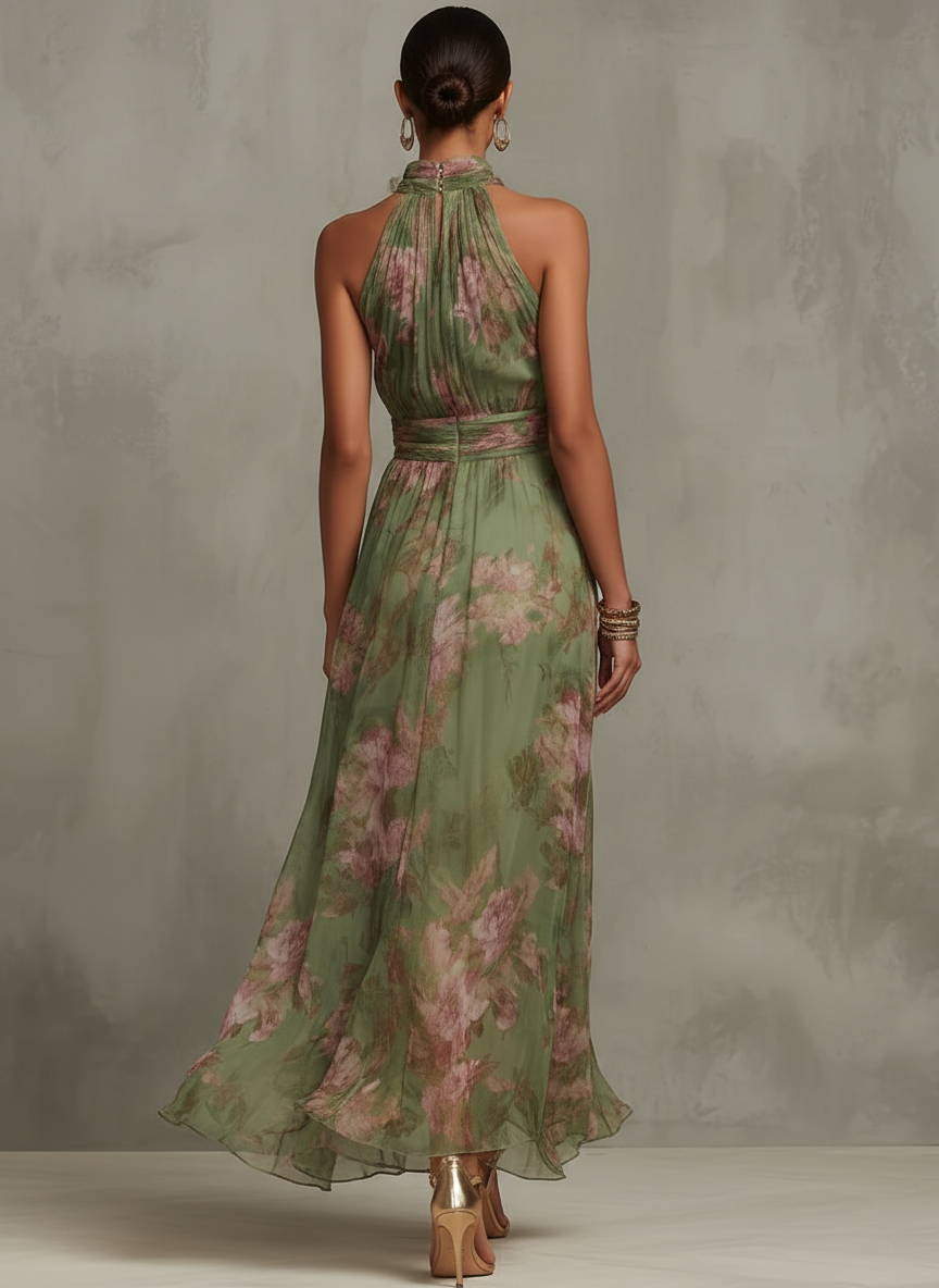 Vanessa | Botanical Print Halter Chiffon Wedding Guest Maxi Dress