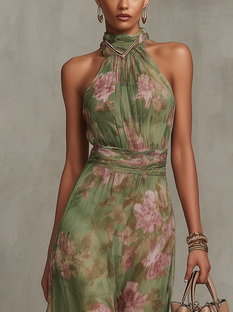 Vanessa | Botanical Print Halter Chiffon Wedding Guest Maxi Dress