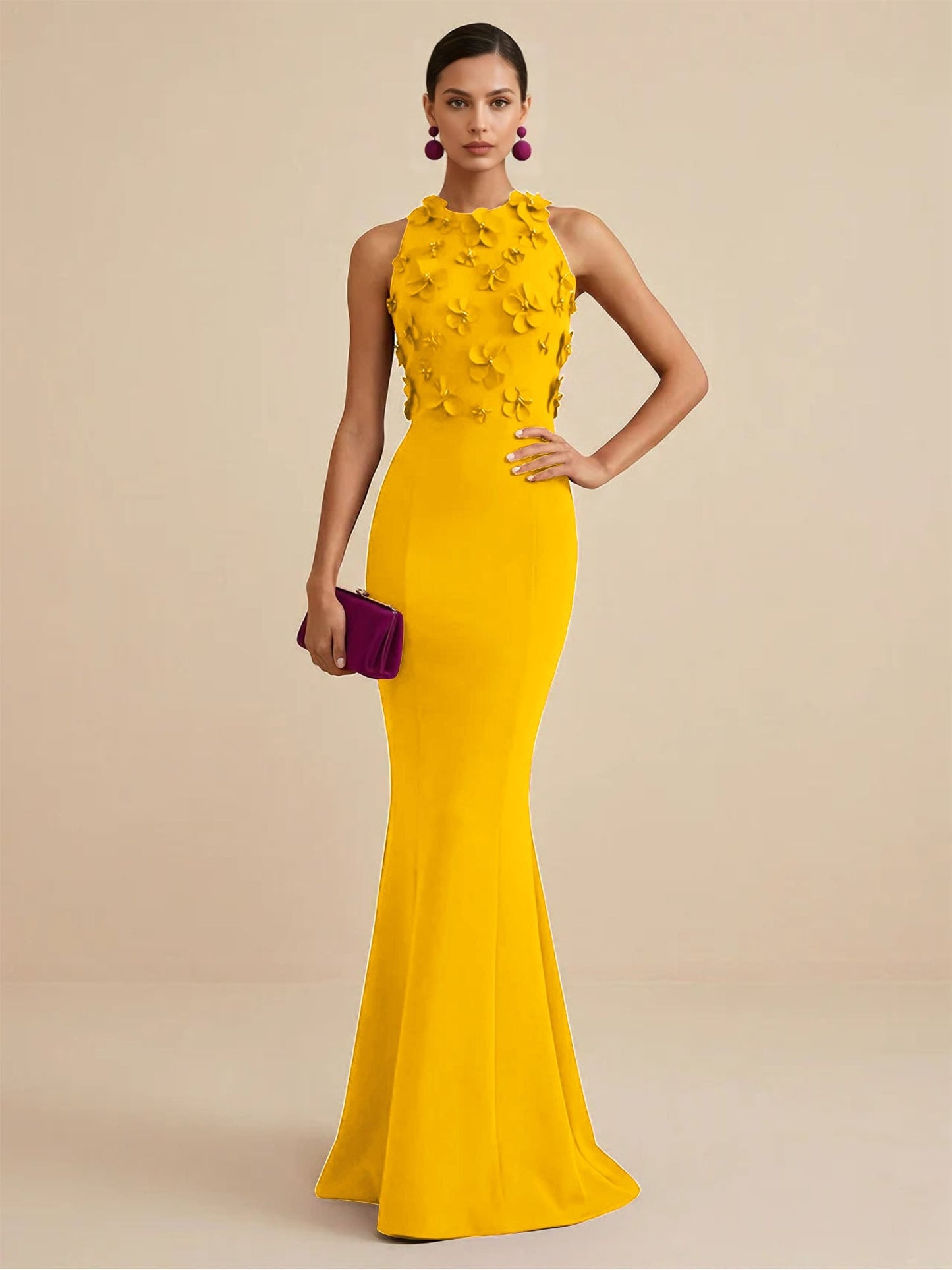 Fucia | High Neck Floral Mermaid Formal Bridesmaid Dress