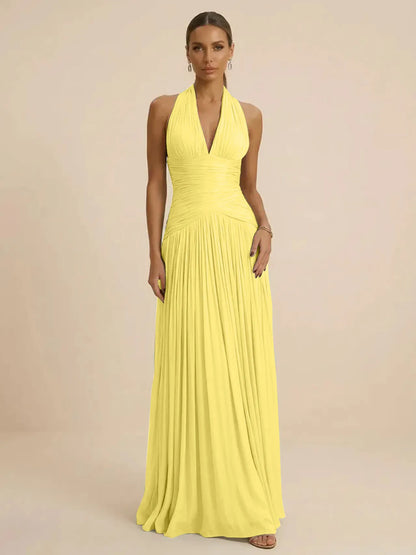 Sage | Halter Neck Pleated Ruched Chiffon Summer Wedding Guest Dress