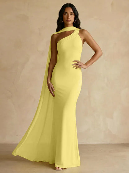 Capey | One Shoulder Crepe Sheath Chiffon Bridesmaid Dress
