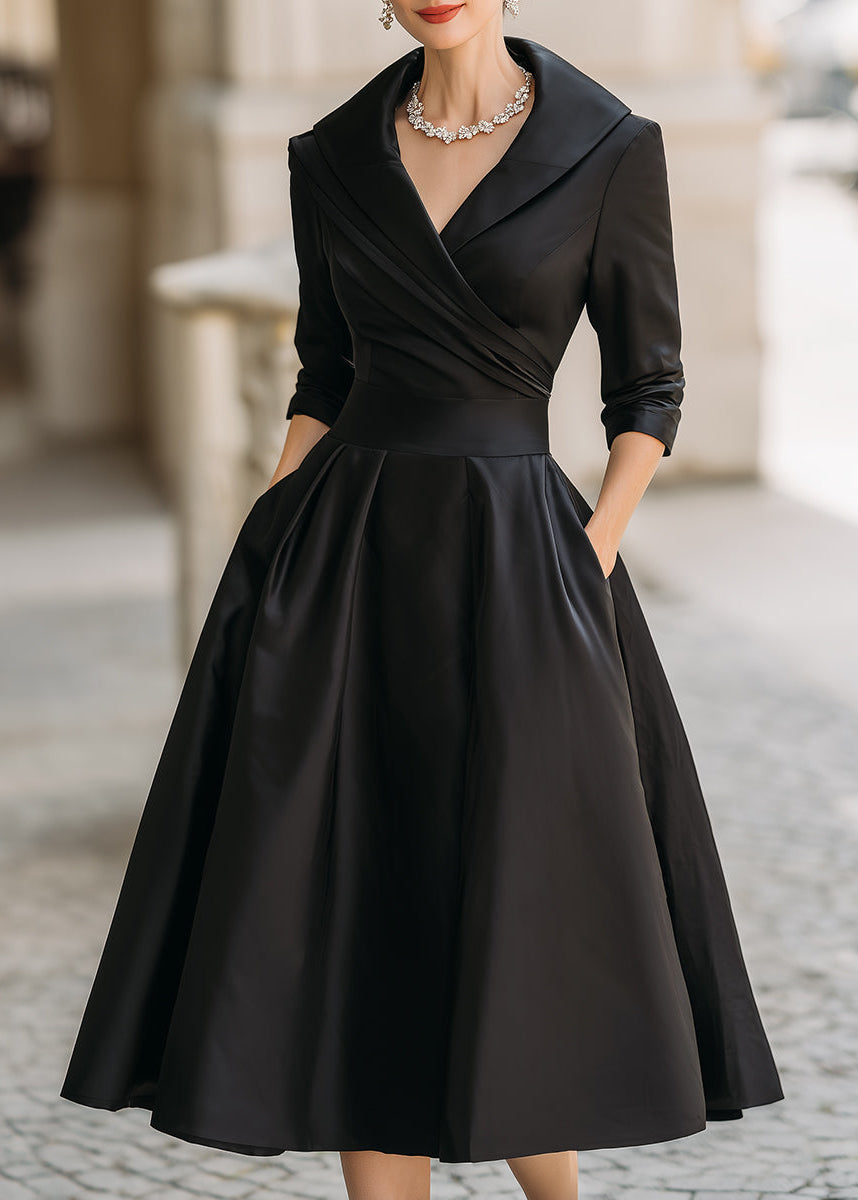 Women's Satin Midi Dress with Draped Collar and Pockets