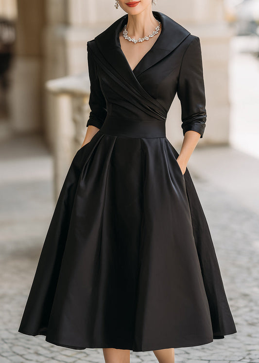 Women's Satin Midi Dress with Draped Collar and Pockets