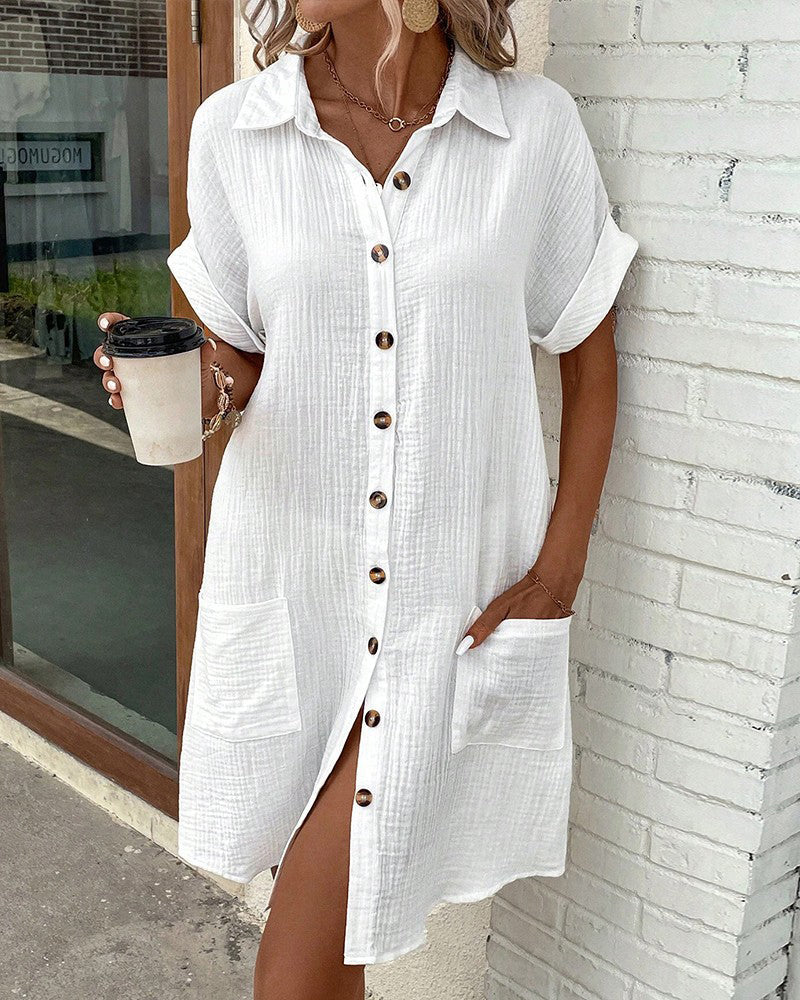 Melissa | V-neck Button Up Summer Linen T-Shirt Mini Dress