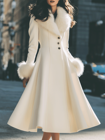 Women's Ivory Faux Fur Collar Flared Coat