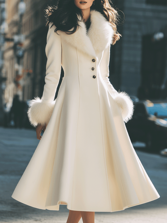 Women's Ivory Faux Fur Collar Flared Coat