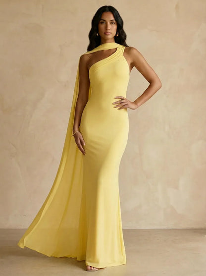 Capey | One Shoulder Crepe Sheath Chiffon Bridesmaid Dress