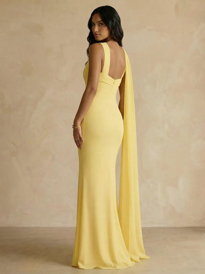 Capey | One Shoulder Crepe Sheath Chiffon Bridesmaid Dress