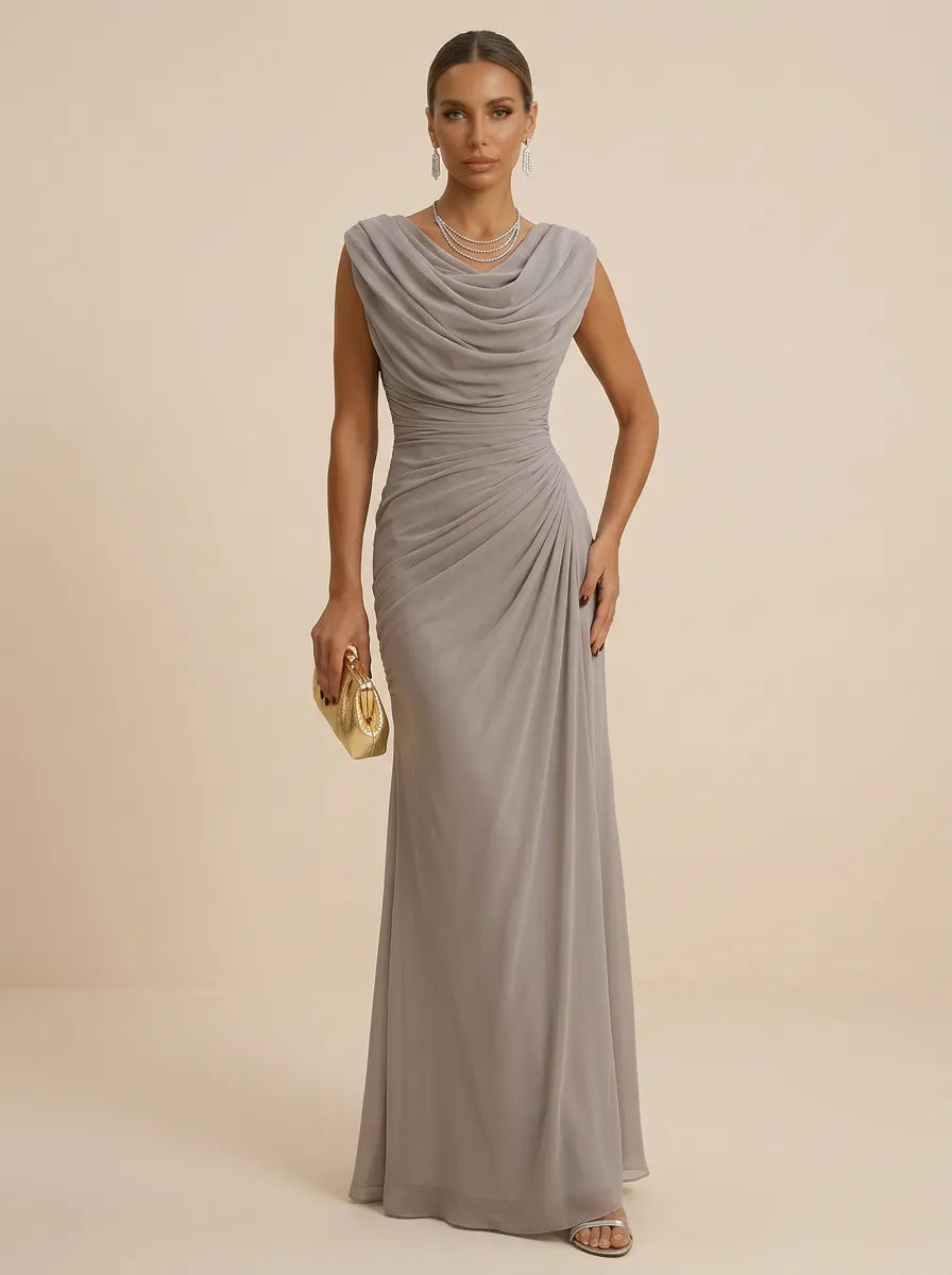 Mist | Draped Cowl Neck Ruched Chiffon Wedding Guest Dress