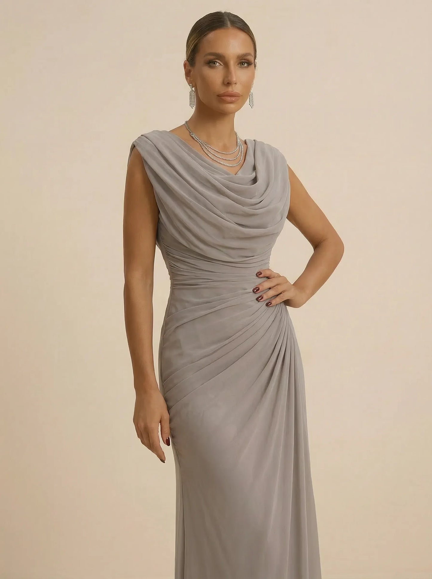 Mist | Draped Cowl Neck Ruched Chiffon Wedding Guest Dress