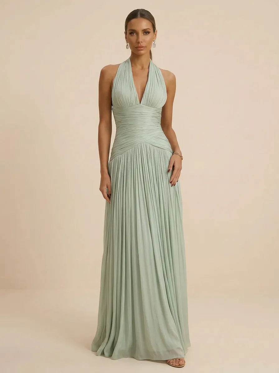 Sage | Halter Neck Pleated Ruched Chiffon Summer Wedding Guest Dress