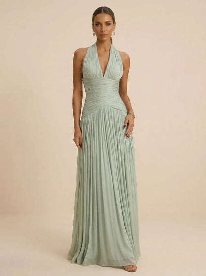 Sage | Halter Neck Pleated Ruched Chiffon Summer Wedding Guest Dress