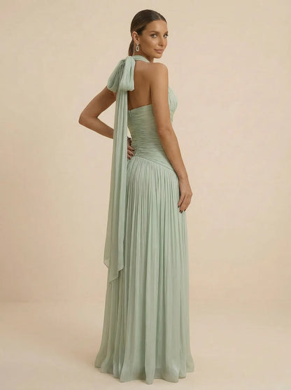 Sage | Halter Neck Pleated Ruched Chiffon Summer Wedding Guest Dress