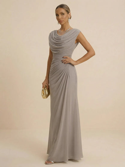 Mist | Draped Cowl Neck Ruched Chiffon Wedding Guest Dress