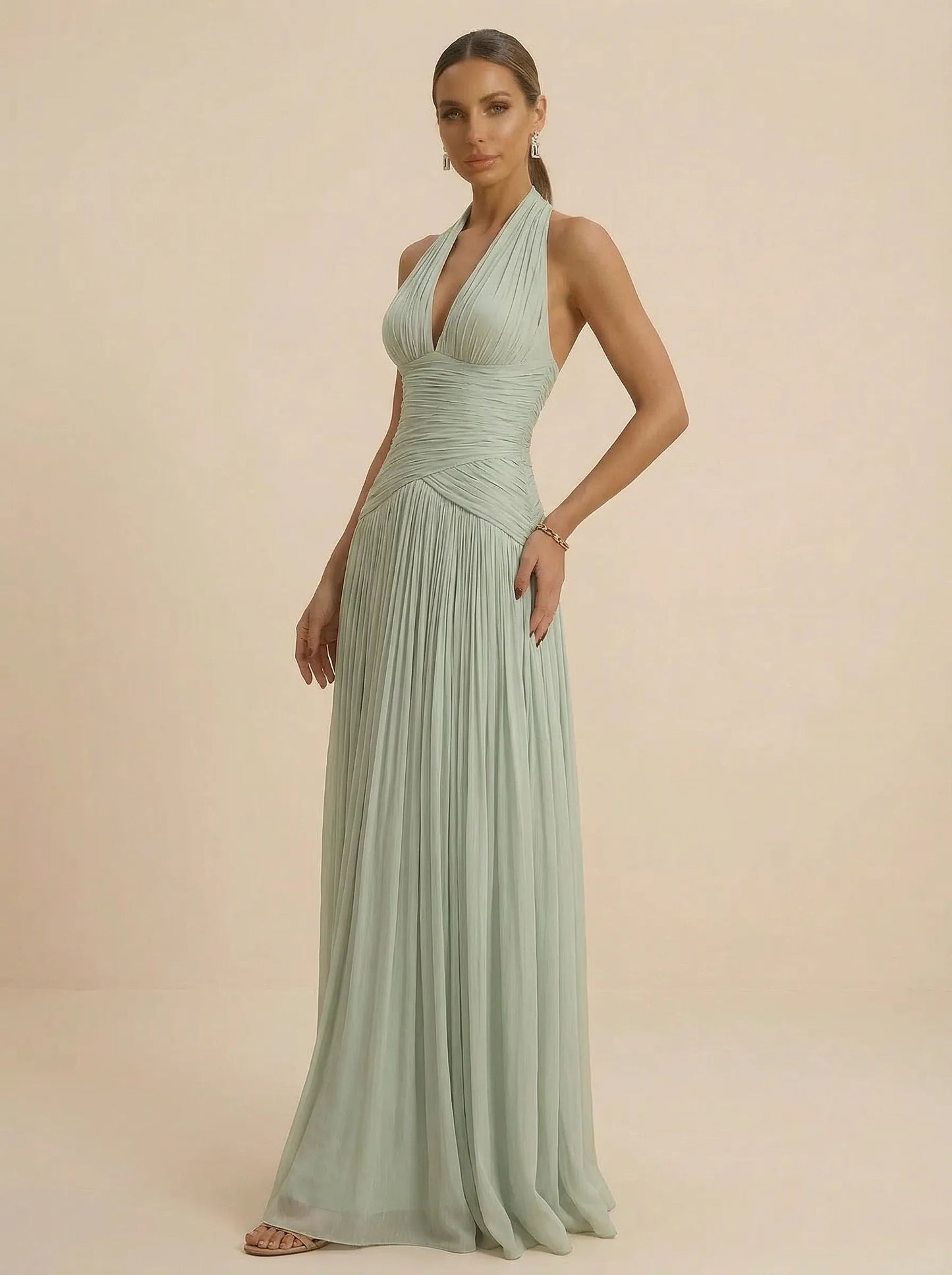 Sage | Halter Neck Pleated Ruched Chiffon Summer Wedding Guest Dress