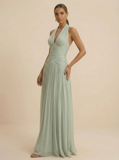 Sage | Halter Neck Pleated Ruched Chiffon Summer Wedding Guest Dress