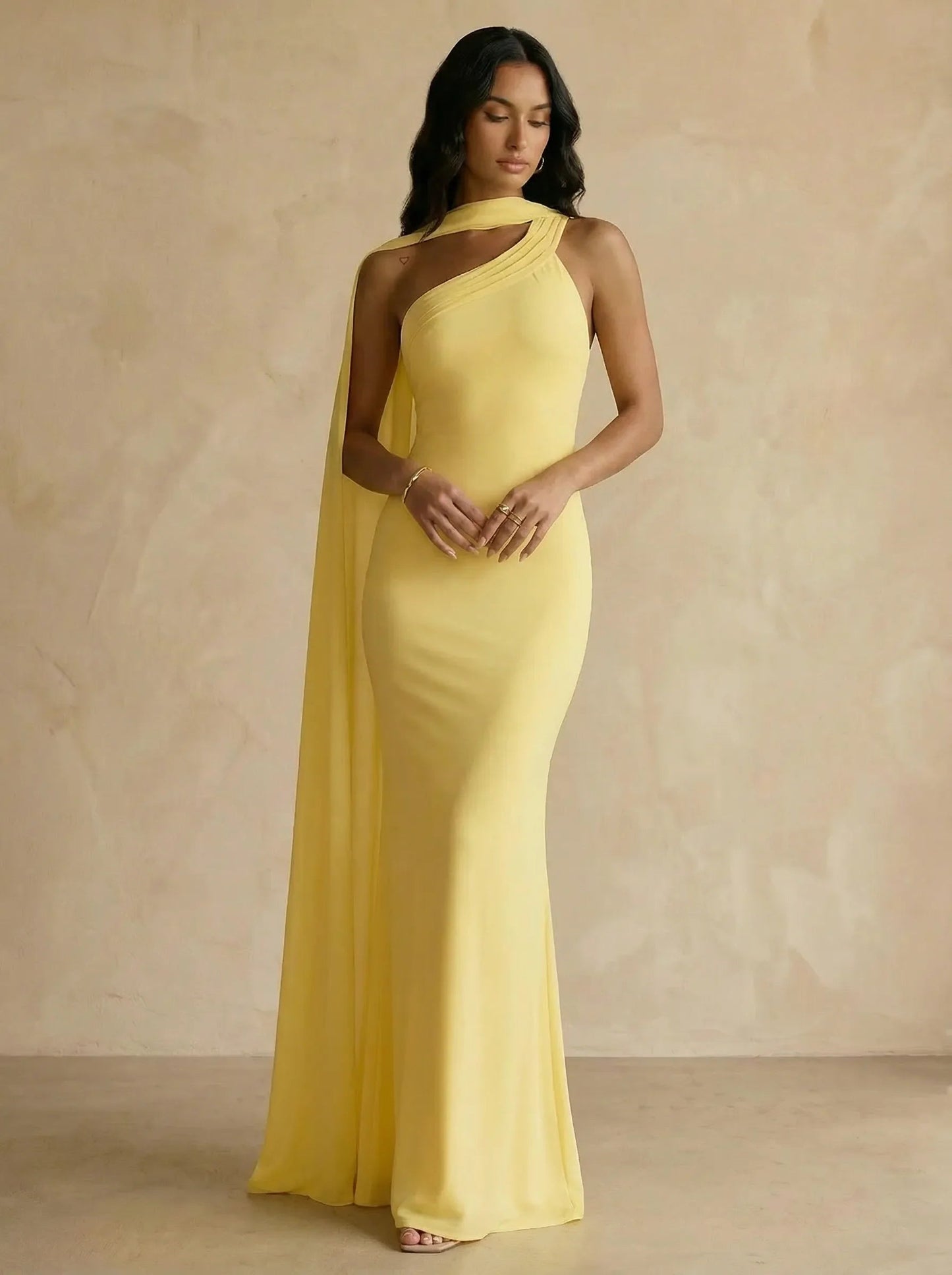 Capey | One Shoulder Crepe Sheath Chiffon Bridesmaid Dress