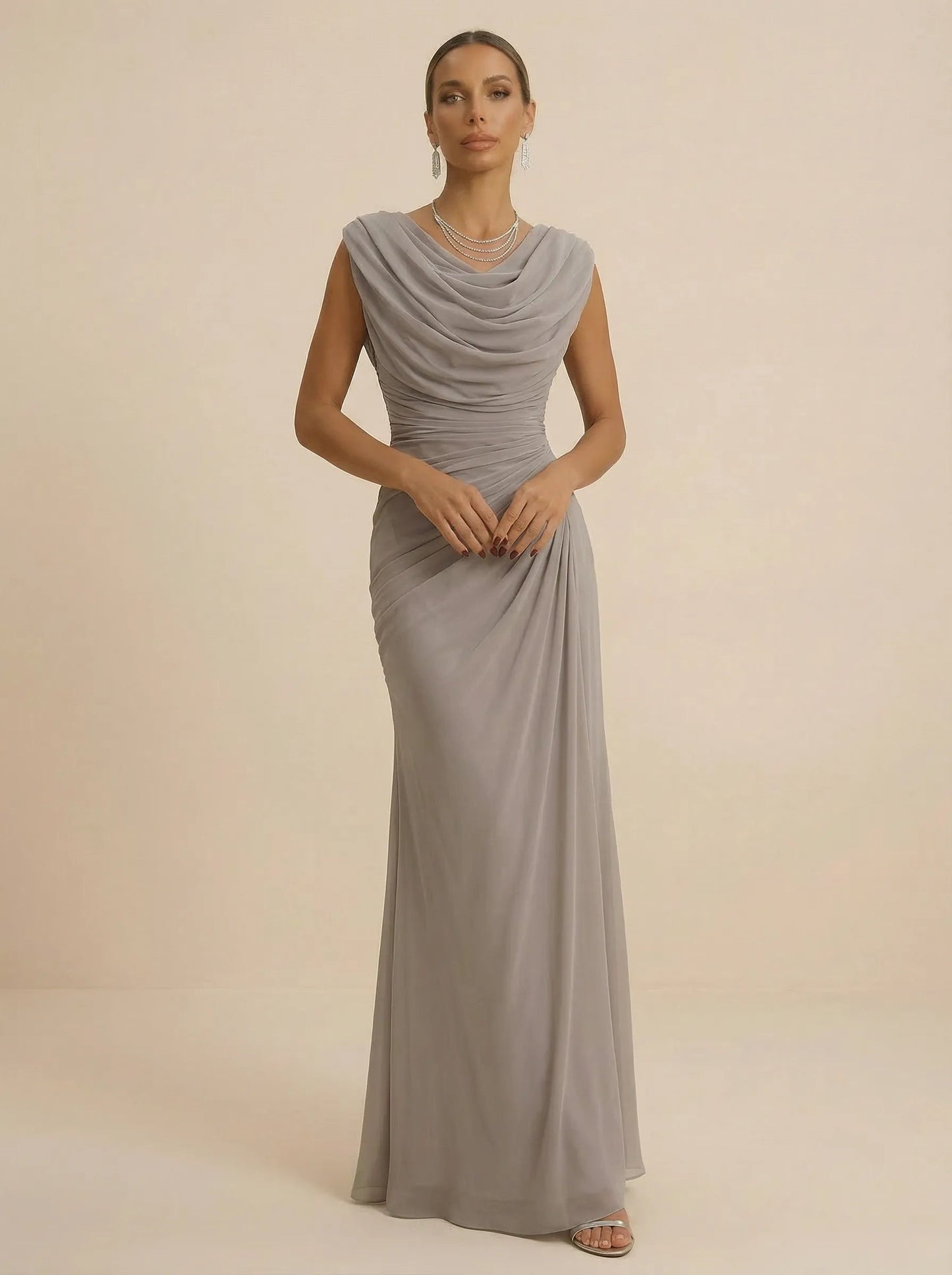 Mist | Draped Cowl Neck Ruched Chiffon Wedding Guest Dress