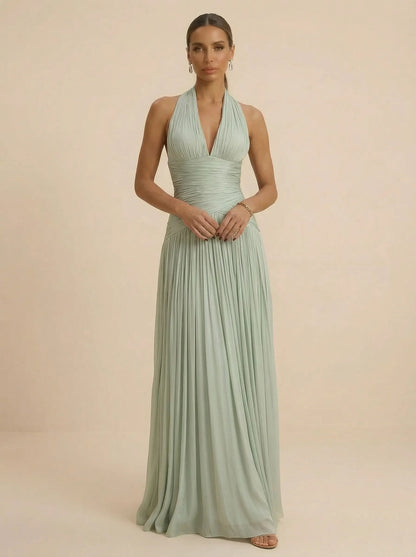Sage | Halter Neck Pleated Ruched Chiffon Summer Wedding Guest Dress