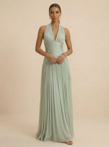 Sage | Halter Neck Pleated Ruched Chiffon Summer Wedding Guest Dress
