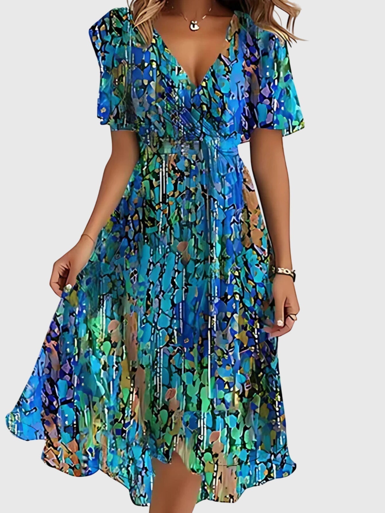 Cindy | Botanical Print Wrap Flutter Sleeve Midi Beach Dress