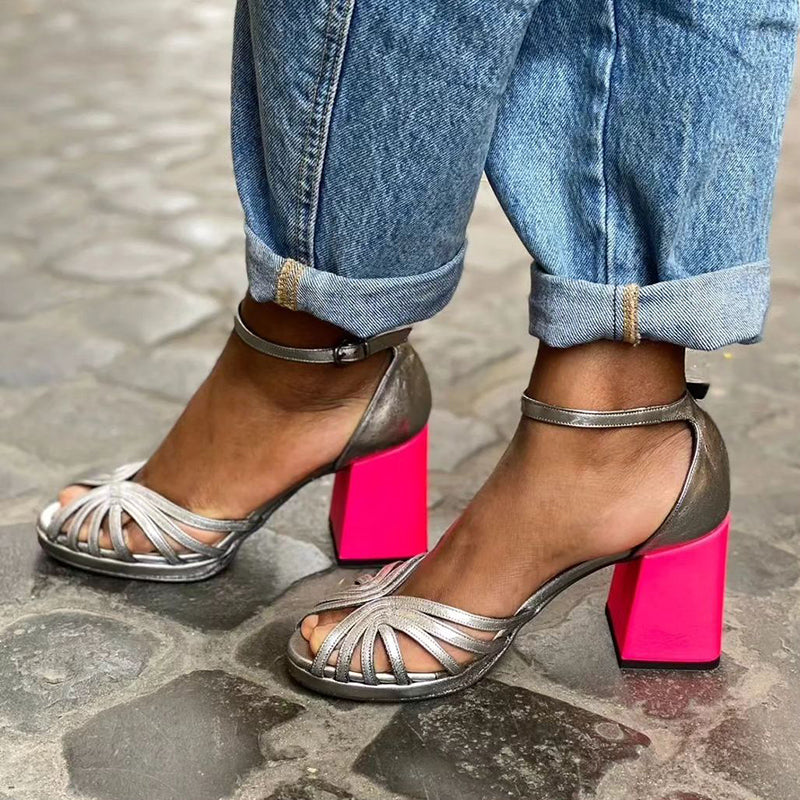 Alana | Shiny Metallic Ankle-Strap Block Heesls
