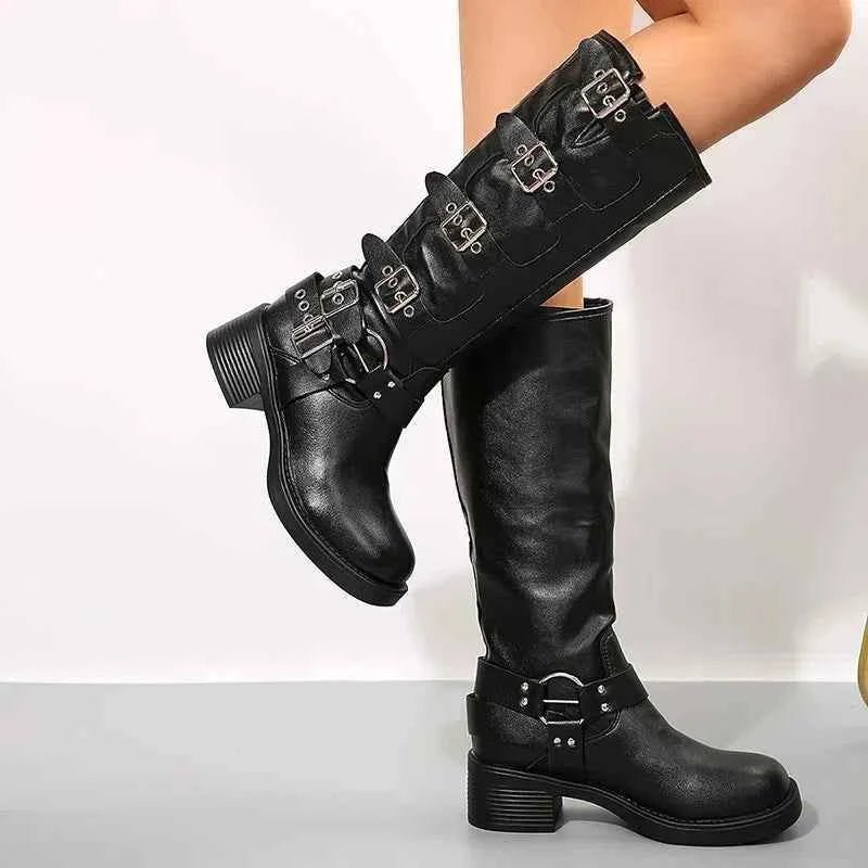 Xanthe | Dark Brown Buckle Strap Tall Biker Boots