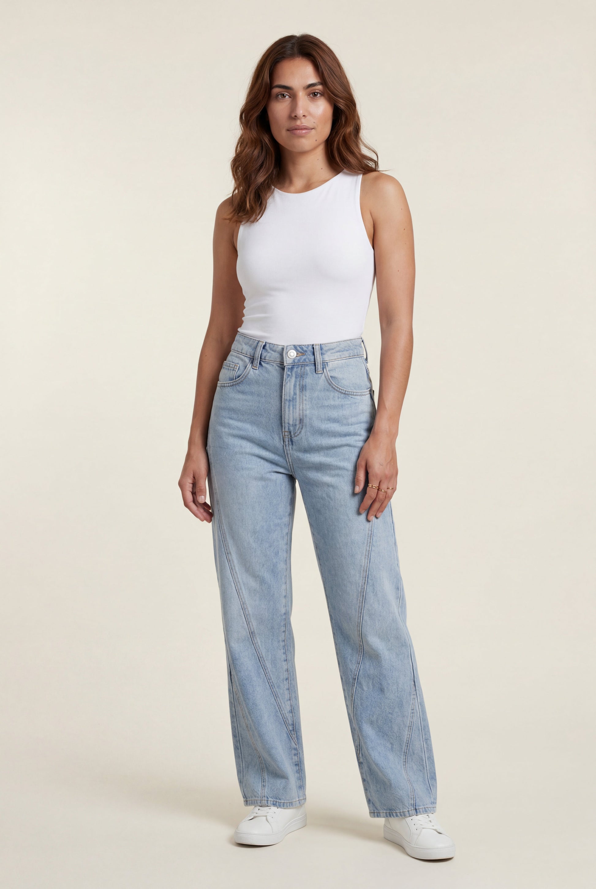 Colette | Light Wash Angled Seam High Waisted Straight Leg Jeans