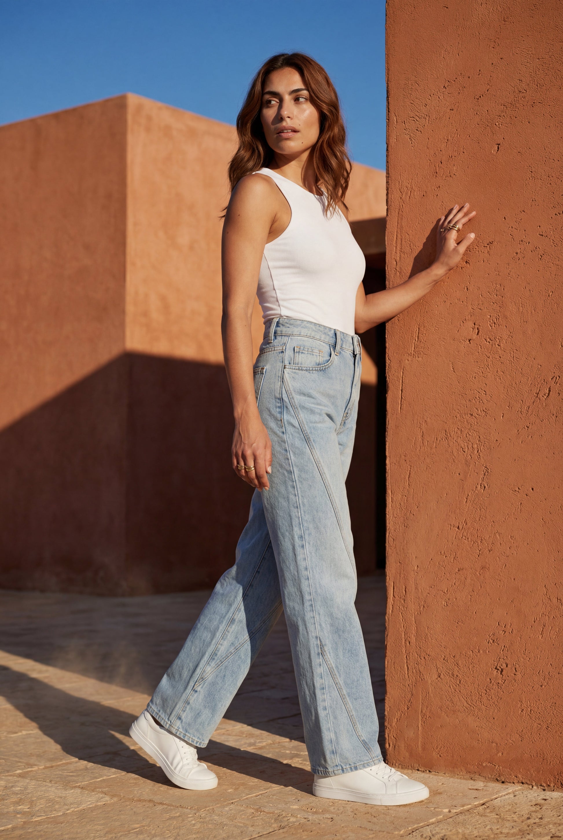 Colette | Light Wash Angled Seam High Waisted Straight Leg Jeans