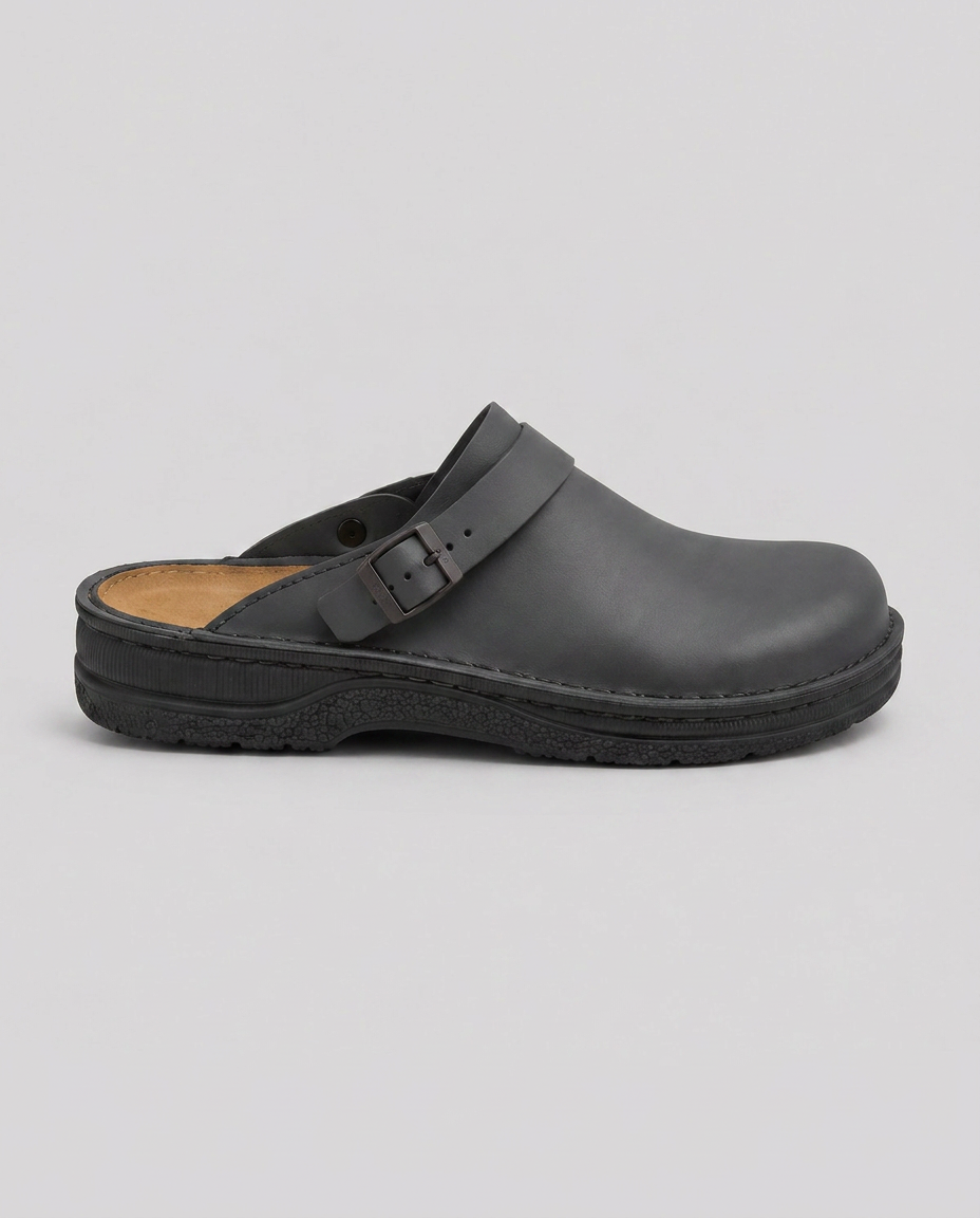 Corinne | Black Buckle Strap Cushioned Clog Mules 1