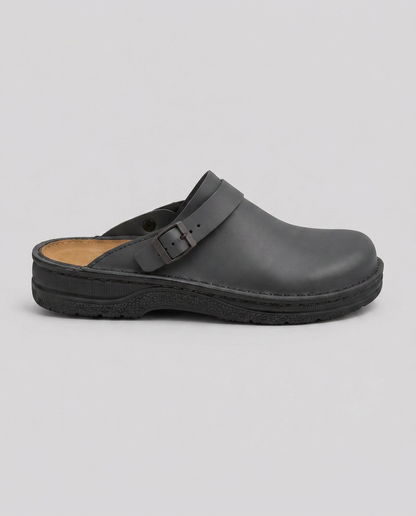 Corinne | Black Buckle Strap Cushioned Clog Mules 1