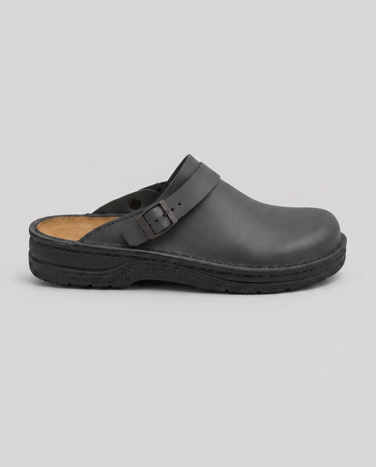 Corinne | Black Buckle Strap Cushioned Clog Mules 1
