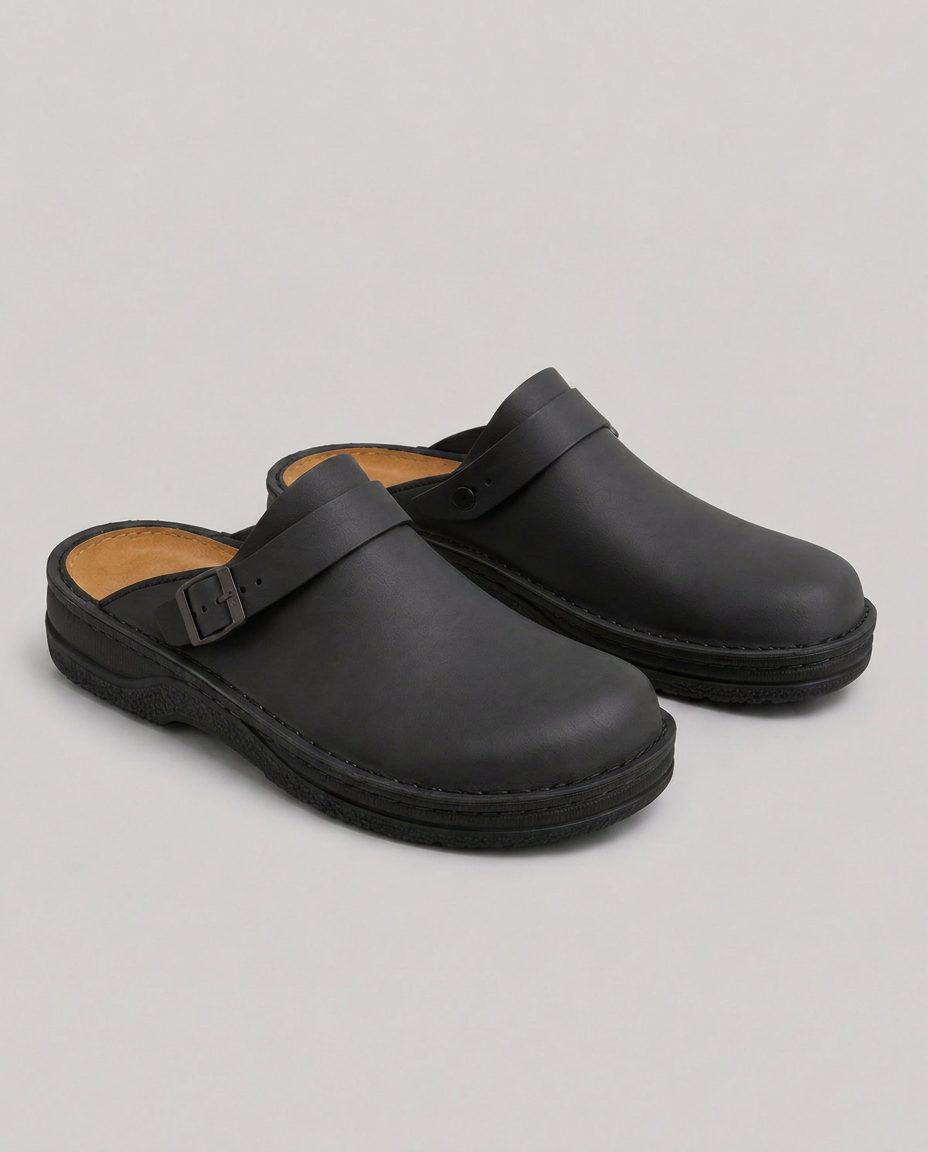 Corinne | Black Buckle Strap Cushioned Clog Mules 2
