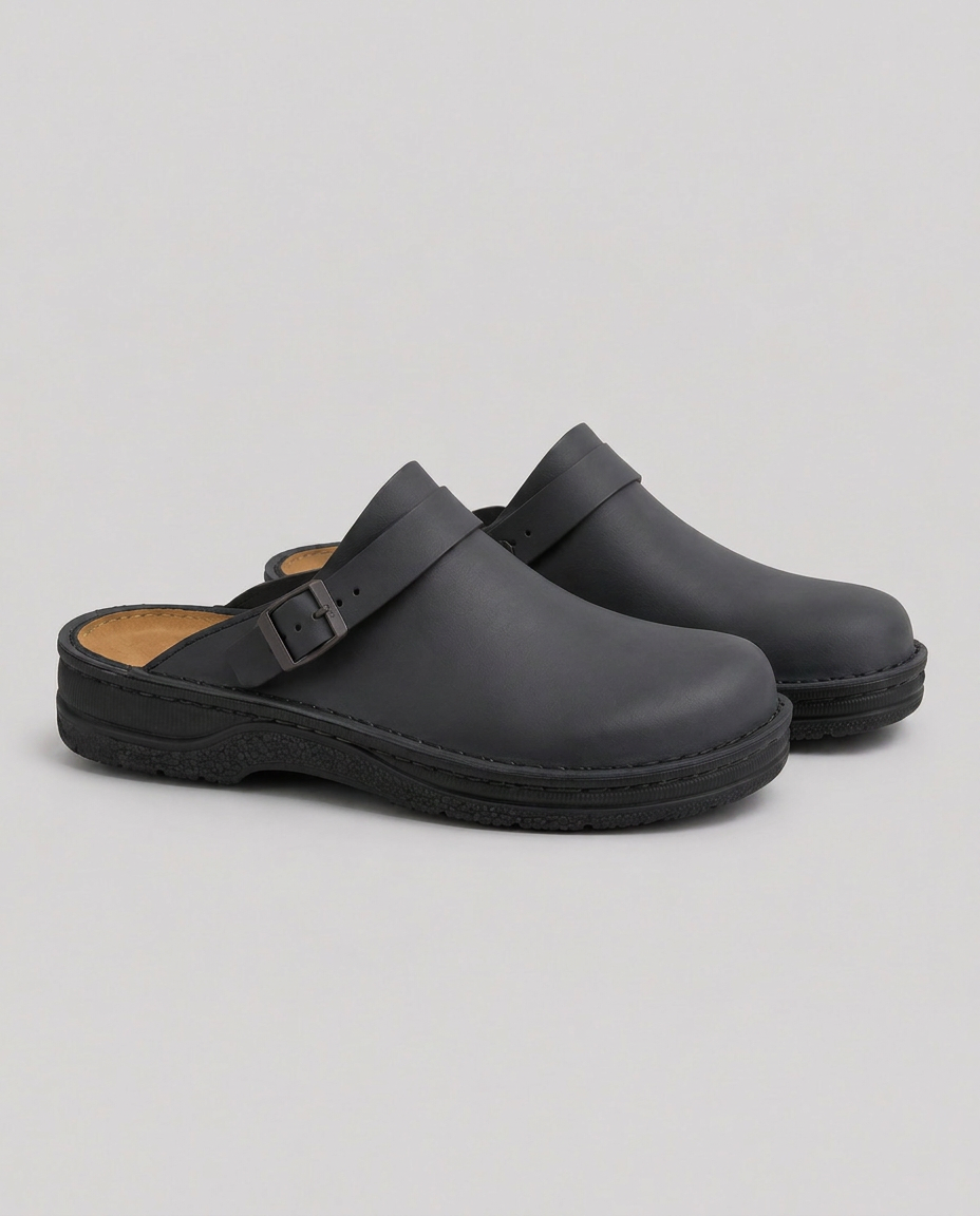 Corinne | Black Buckle Strap Cushioned Clog Mules 3