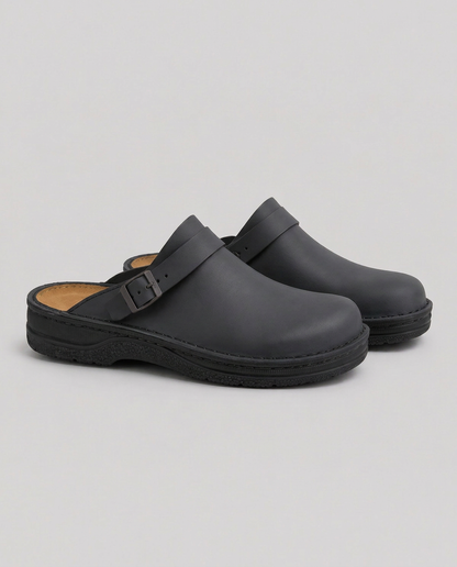 Corinne | Black Buckle Strap Cushioned Clog Mules 3