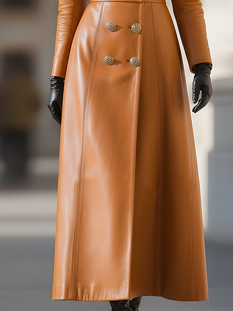 Women's Faux Leather Double-Breasted Coat with Faux Fur Collar
