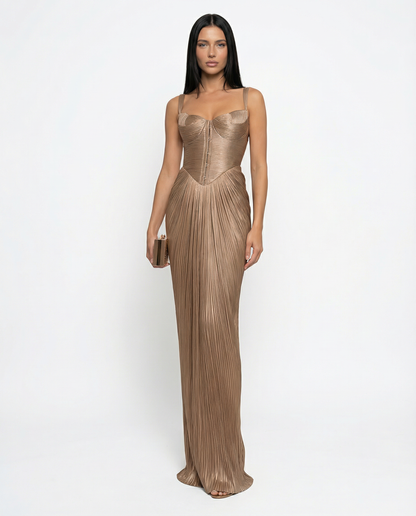 Calla | Bronze Pleated Corset Bustier Maxi Dress 1