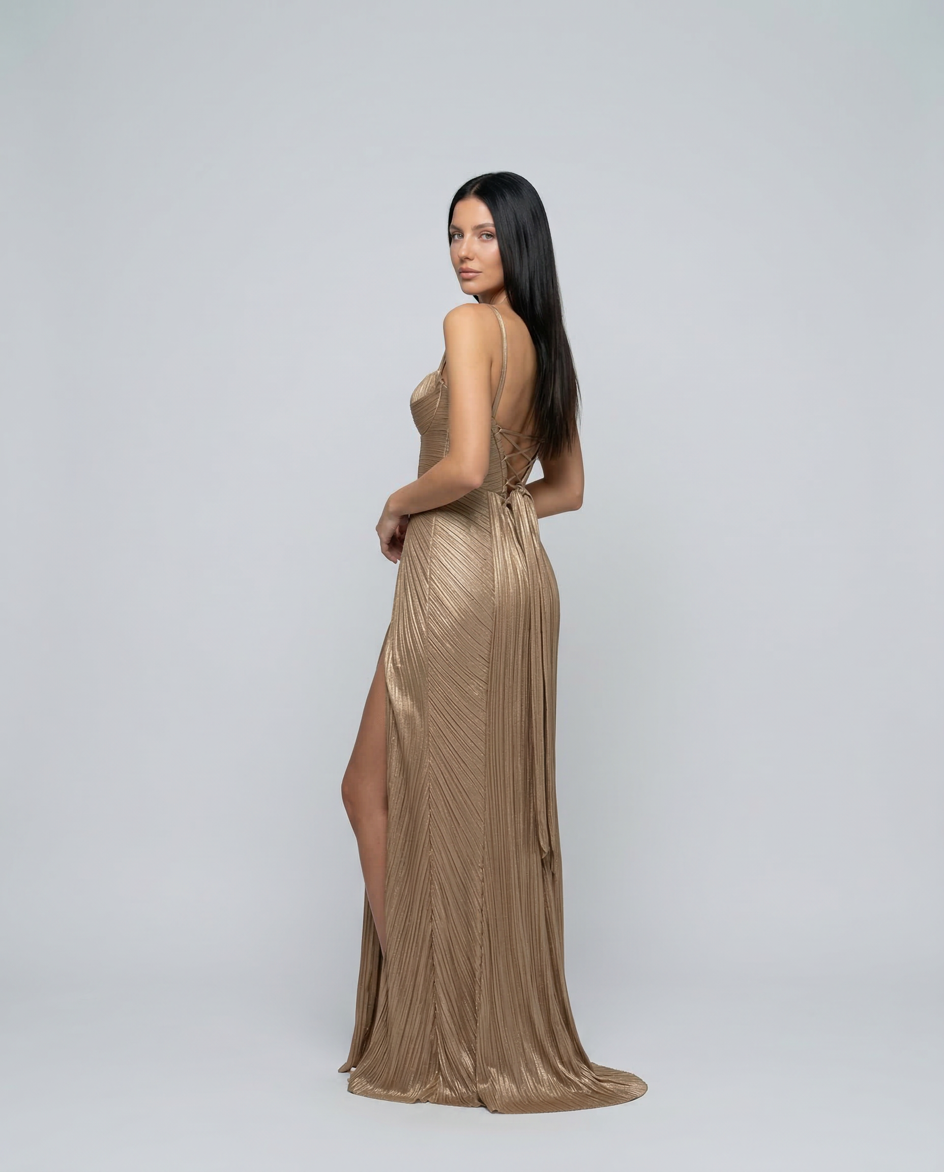 Calla | Bronze Pleated Corset Bustier Maxi Dress 3