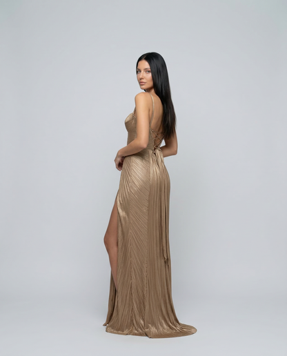 Calla | Bronze Pleated Corset Bustier Maxi Dress 3