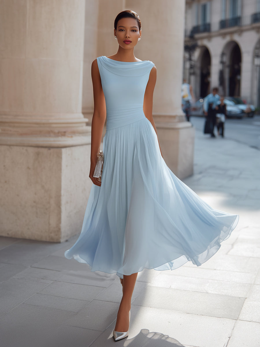Donna | Flowy Neck Chiffon Formal Midi Dress