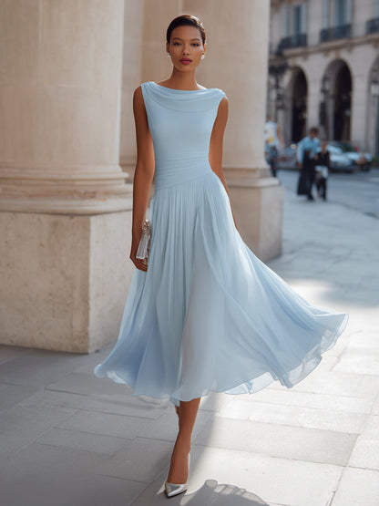 Donna | Flowy Neck Chiffon Formal Midi Dress