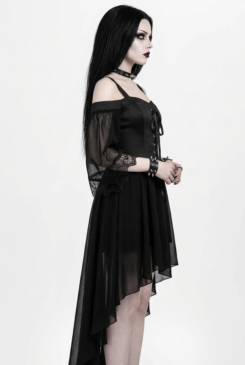 Morrigan | Black Gothic Lace Up Bell Sleeve High Low Dress