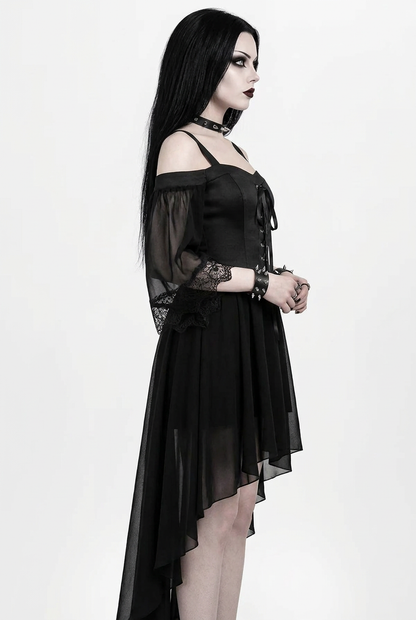 Morrigan | Black Gothic Lace Up Bell Sleeve High Low Dress