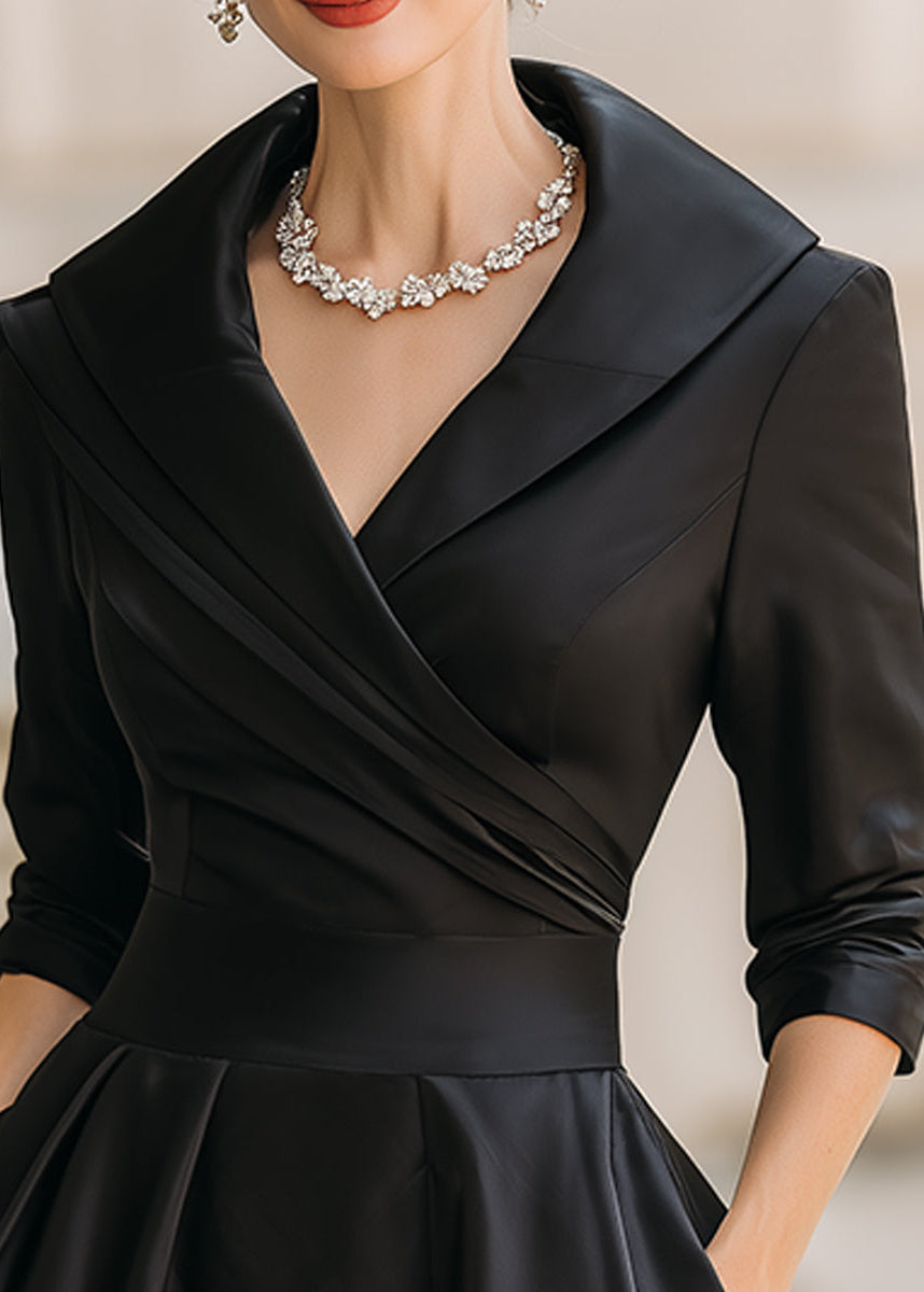 Women's Satin Midi Dress with Draped Collar and Pockets